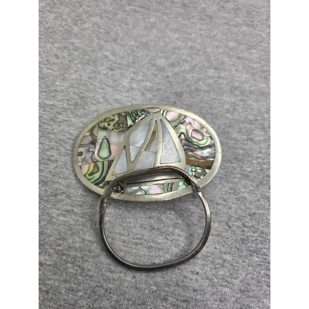 Vintage Large Alpaca Silver Belt Buckle Matching Bracelet Set Abalone Inlay